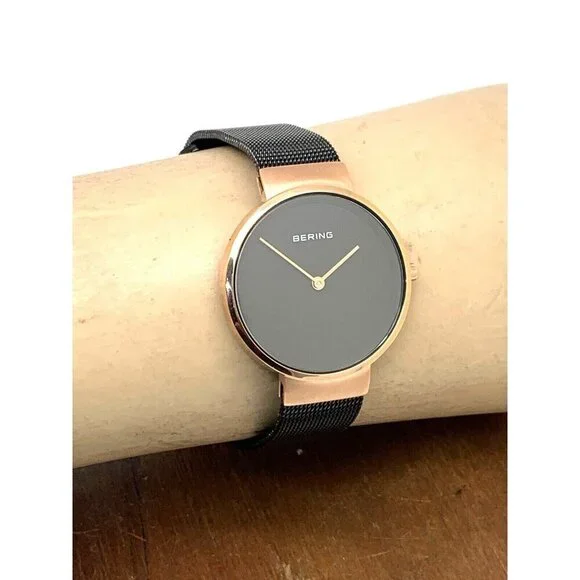 Bering Women's Watch 14531-166 Quartz Rose Gold Black Mesh Stainless Ste…